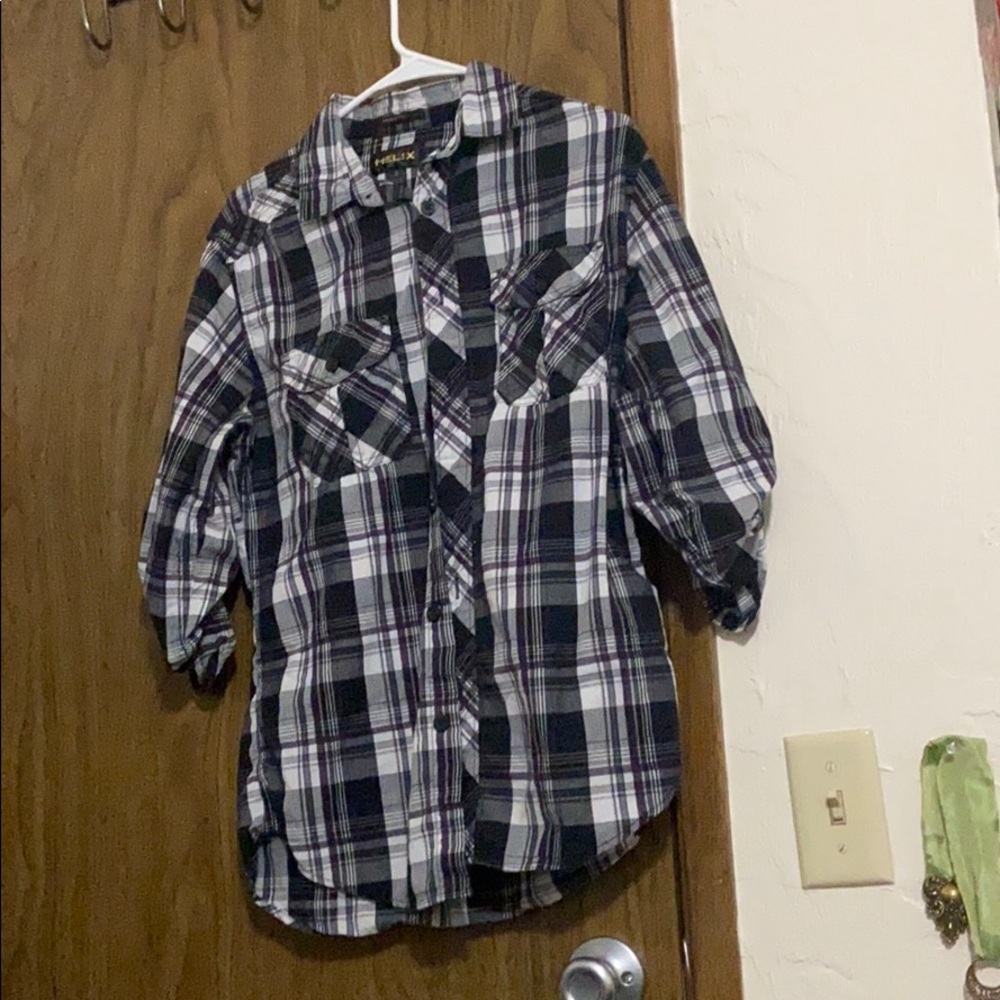 Black and purple and grey plaid button up shirt